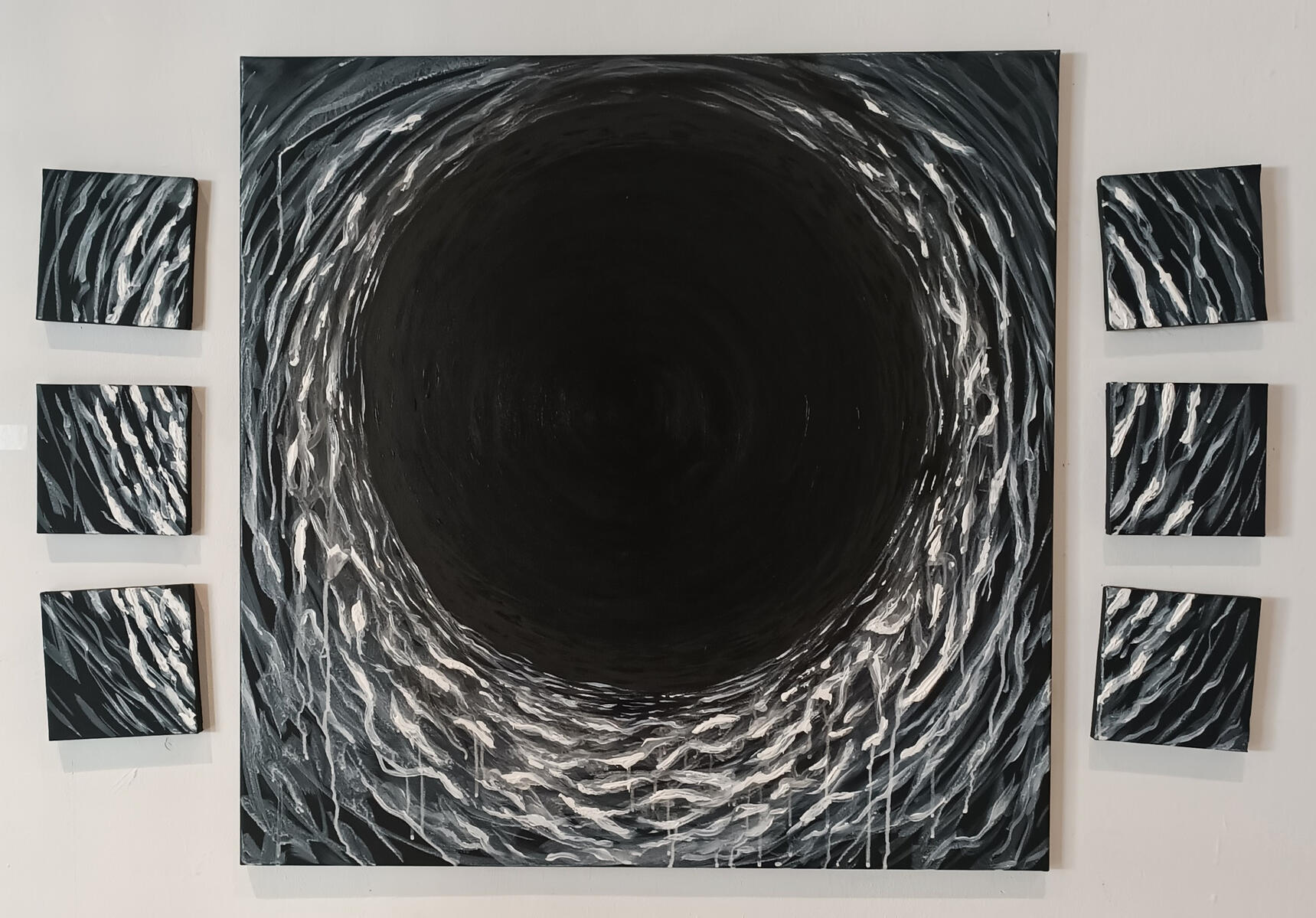 Black Sun (acrylic painting on 80x80 cm + 6* 15x15 cm canvas)